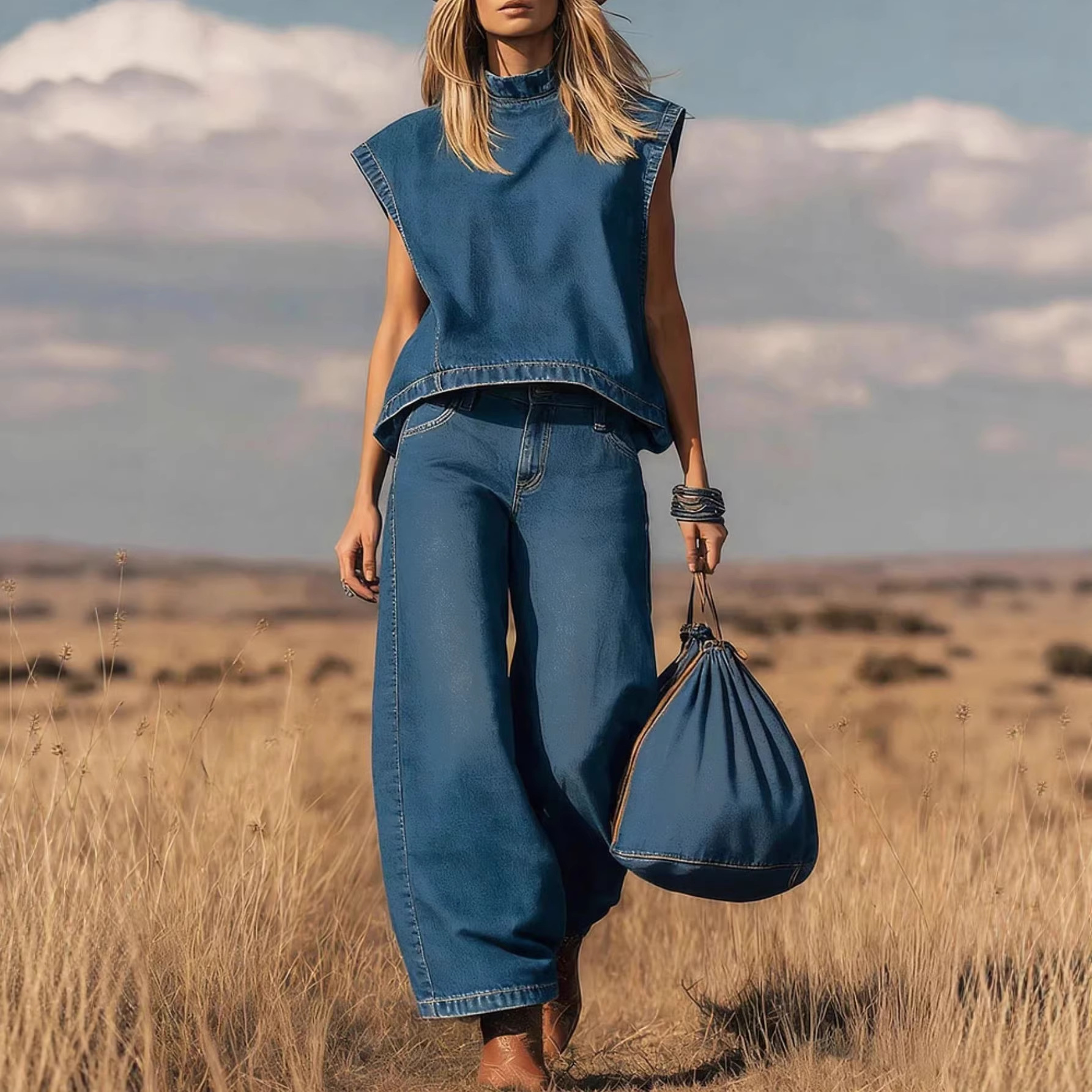Women's Denim Two-Piece Set Sleeveless Stand Collar Vest and Wide-Leg Pants