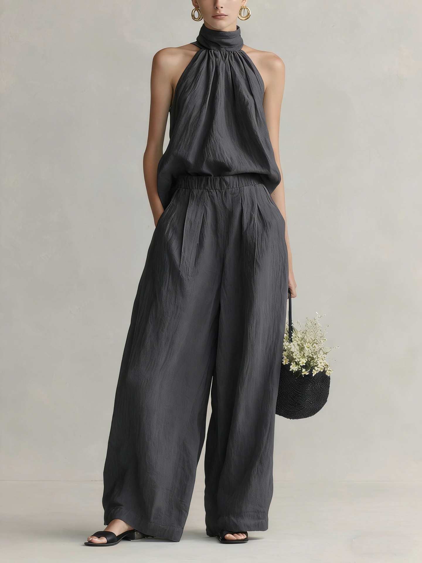 Women's Sleeveless Round Neck Top and Pants Set