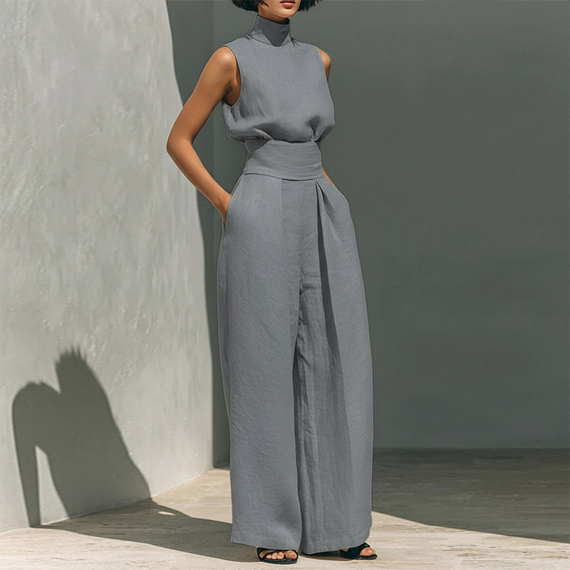 Women's Sleeveless High Neck Top and Straight Leg Pants Casual Set
