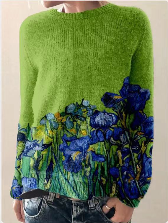 3D Print Women's Crewneck Pullover Sweater Casual Loose Long Sleeve Knit Top