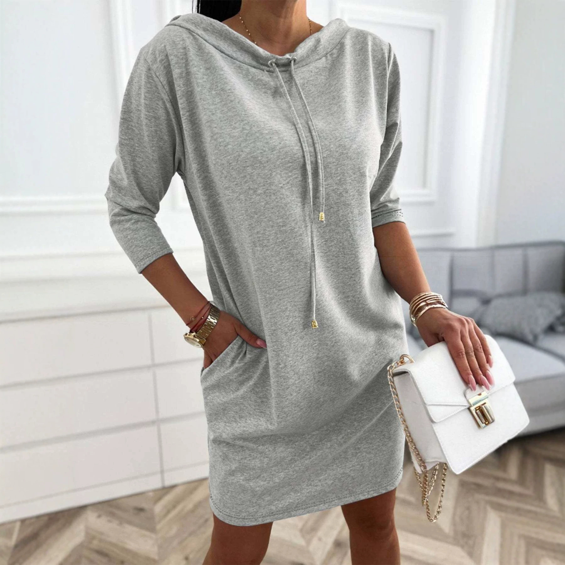 Women's Casual Hooded Sweatshirt Dress with Drawstring Stand Collar