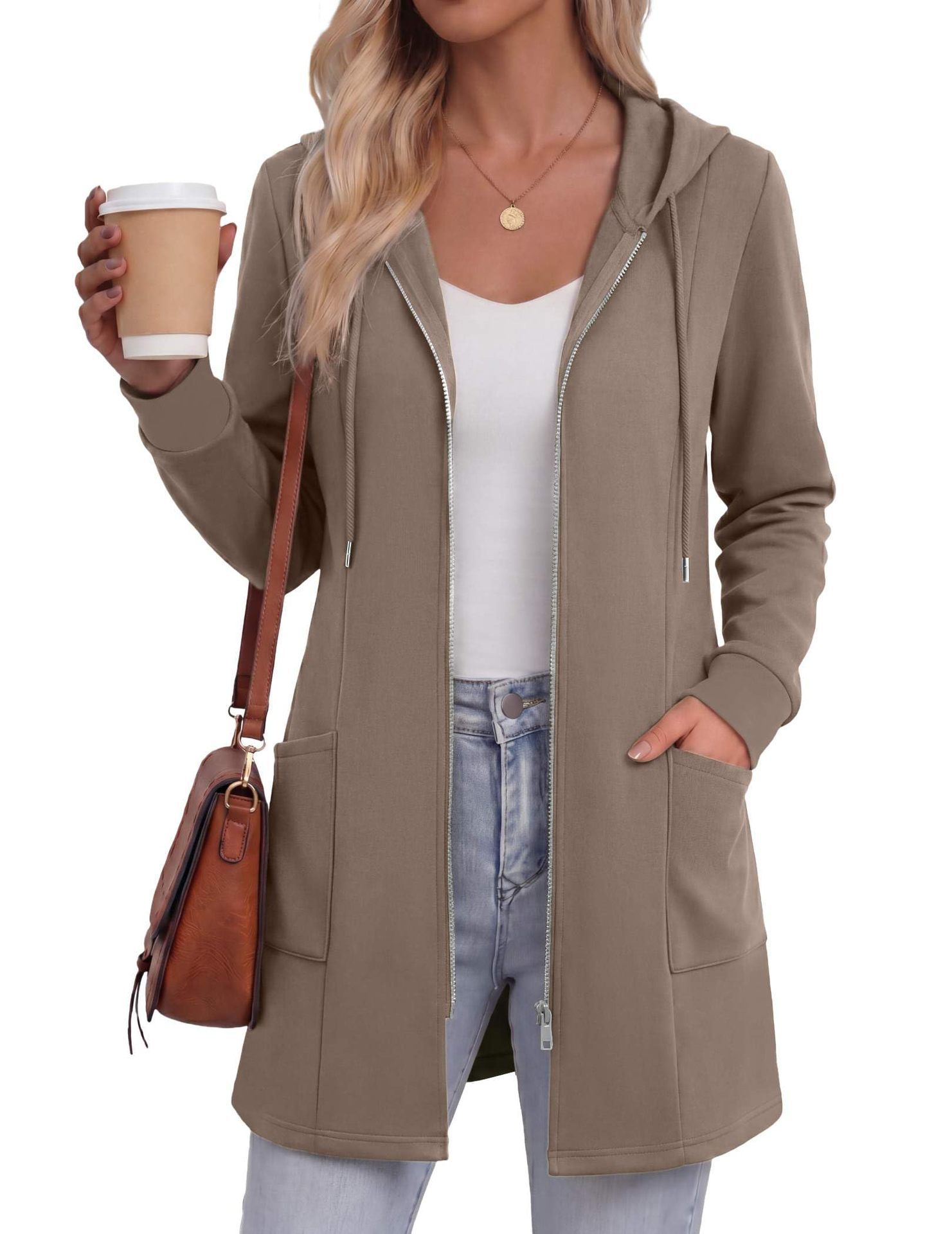 Women's Solid Color Mid-Length Zip-Up Hoodie Casual Sweatshirt Jacket