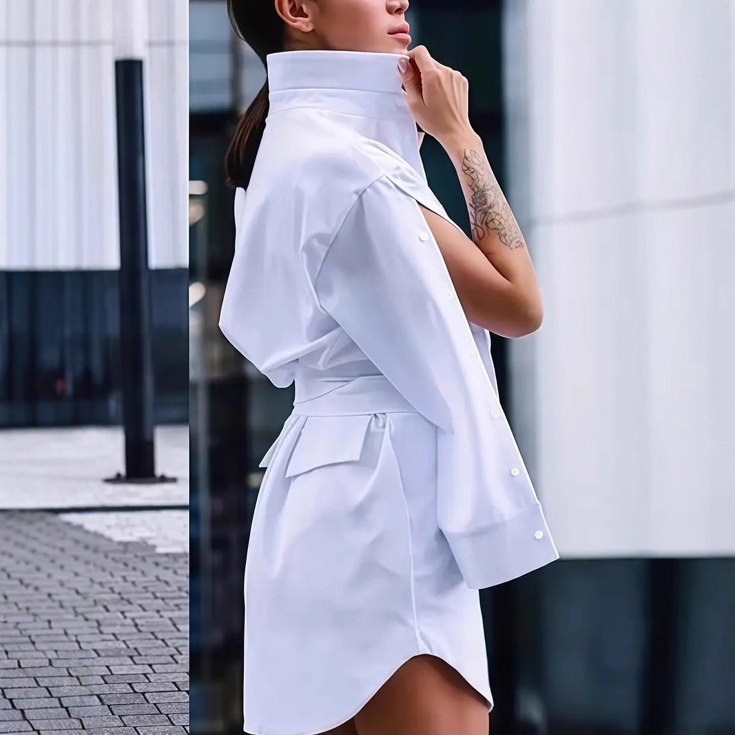 Elegant Tie-Neck Irregular Sleeve Spliced Shirt Dress