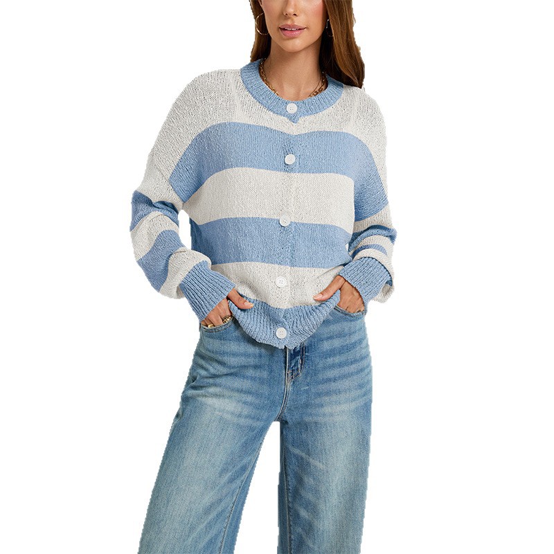 Striped Round Neck Cardigan Sweater Loose Fit Colorblock Knit Top