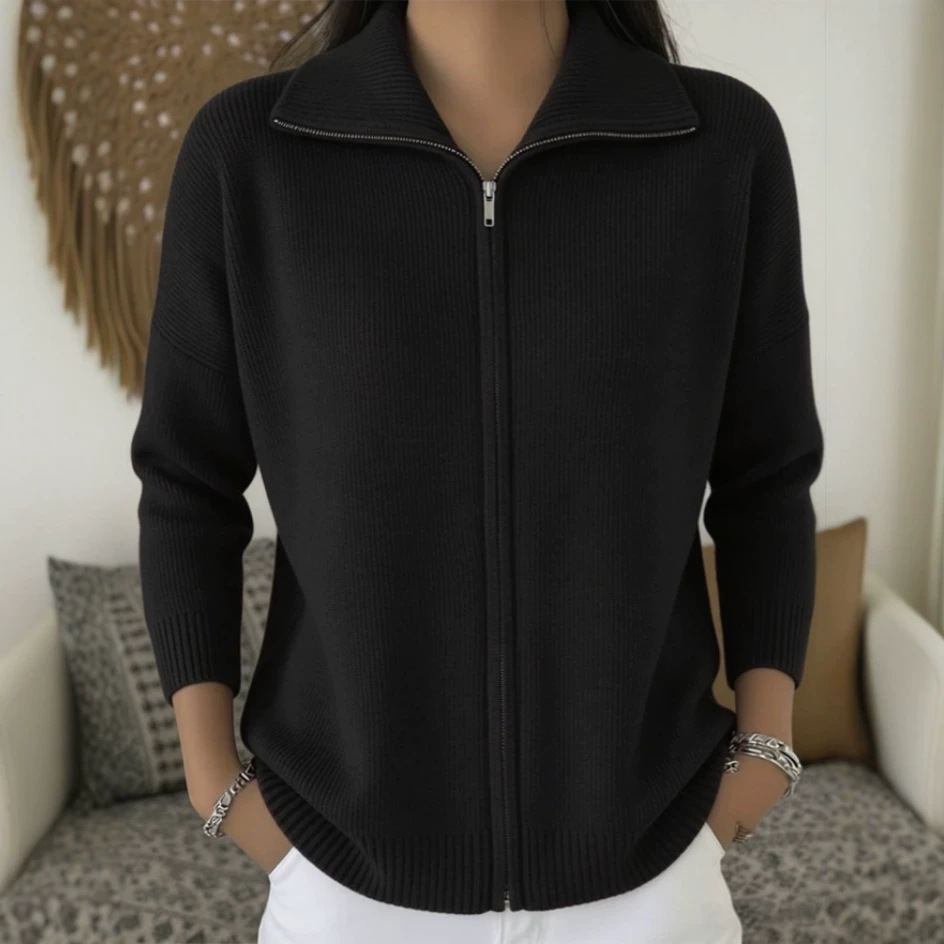 Women's Zip-Up Knit Cardigan Sweater with Collar, Solid Color Casual