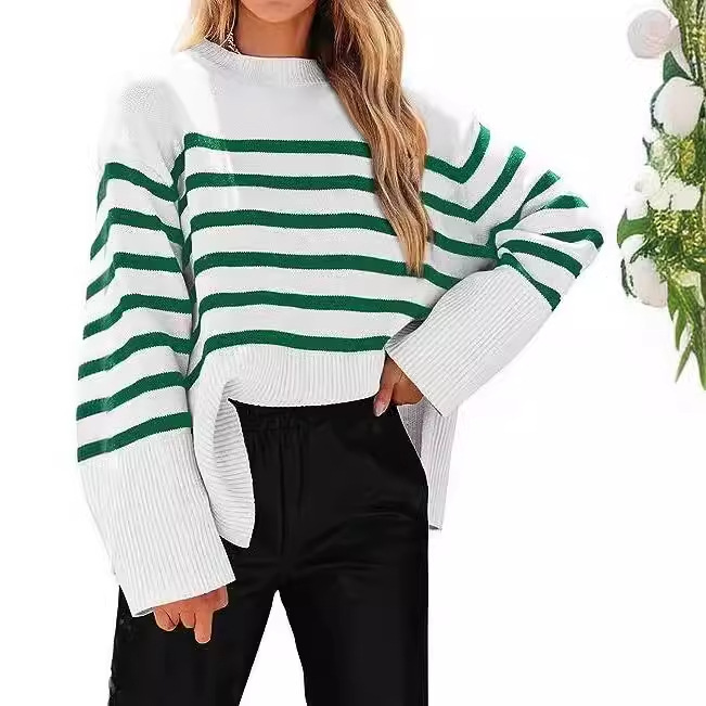 Striped Loose Puff Sleeve Knit Sweater
