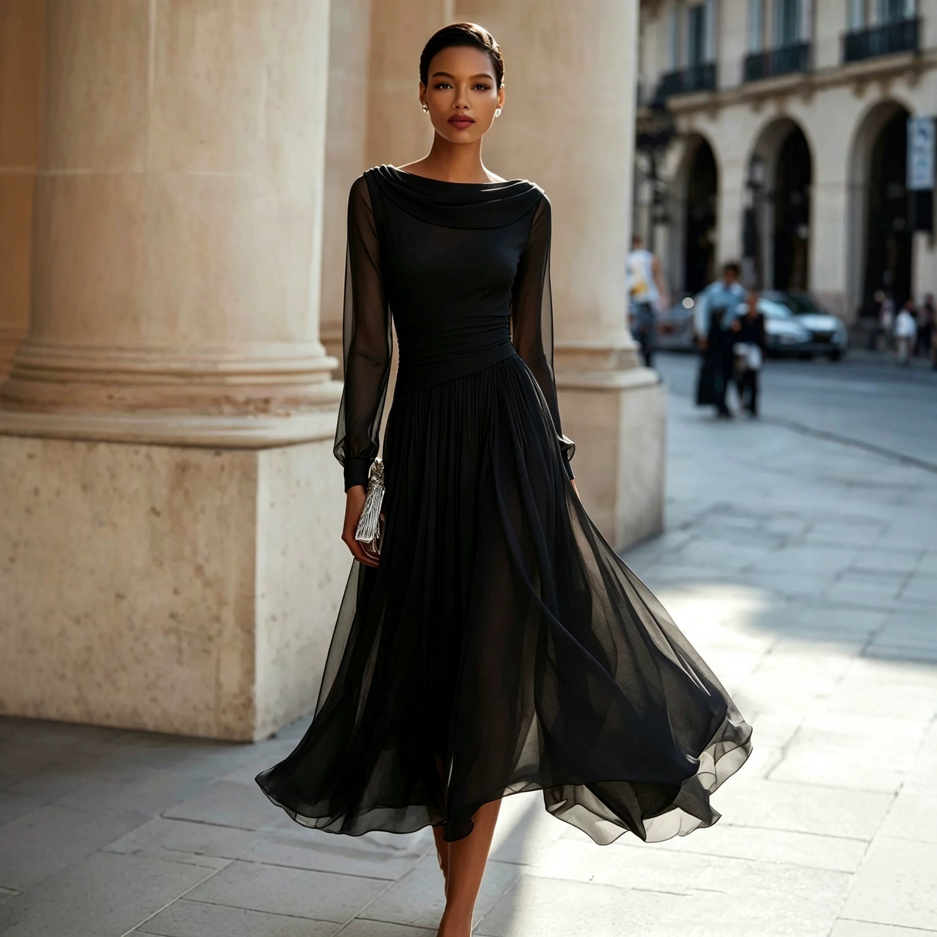 Elegant Cowl Neck Long Sleeve Midi Dress