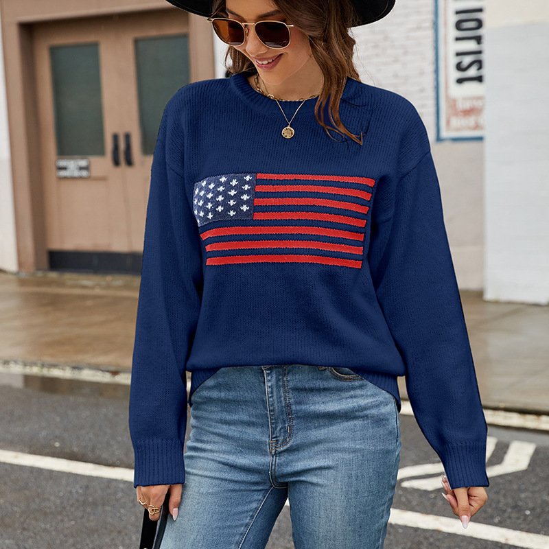 American Flag Crewneck Knit Sweater for Women