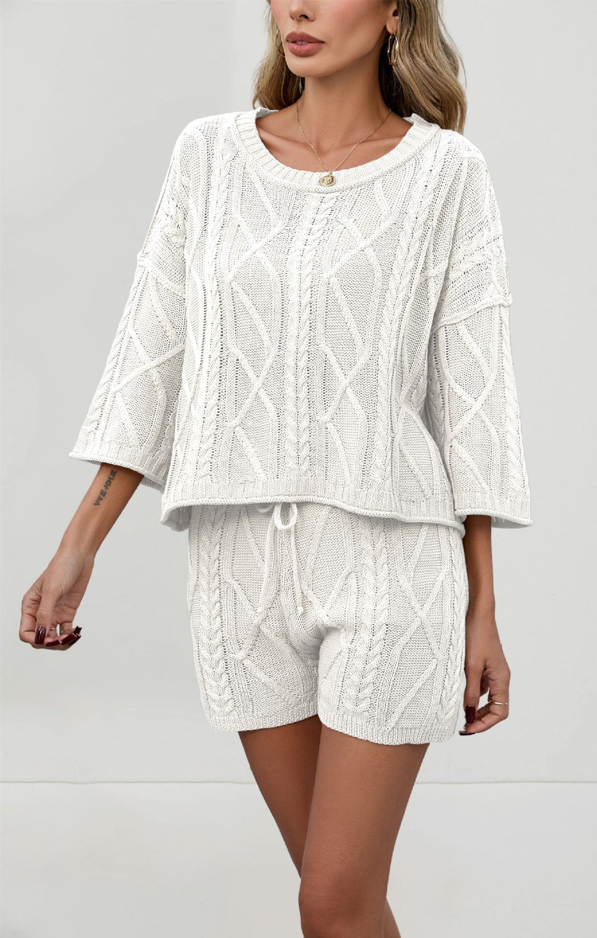 Cable-Knit Solid Color Crewneck Sweater and Shorts Set