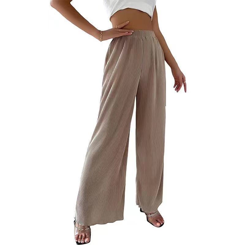 Women's Solid Pleated Wide-Leg Pants Casual High Waist