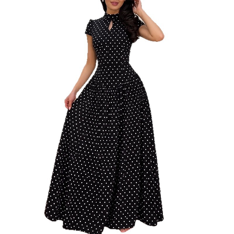 Elegant Polka Dot Long Dress with Waist-Cinching A-Line Silhouette