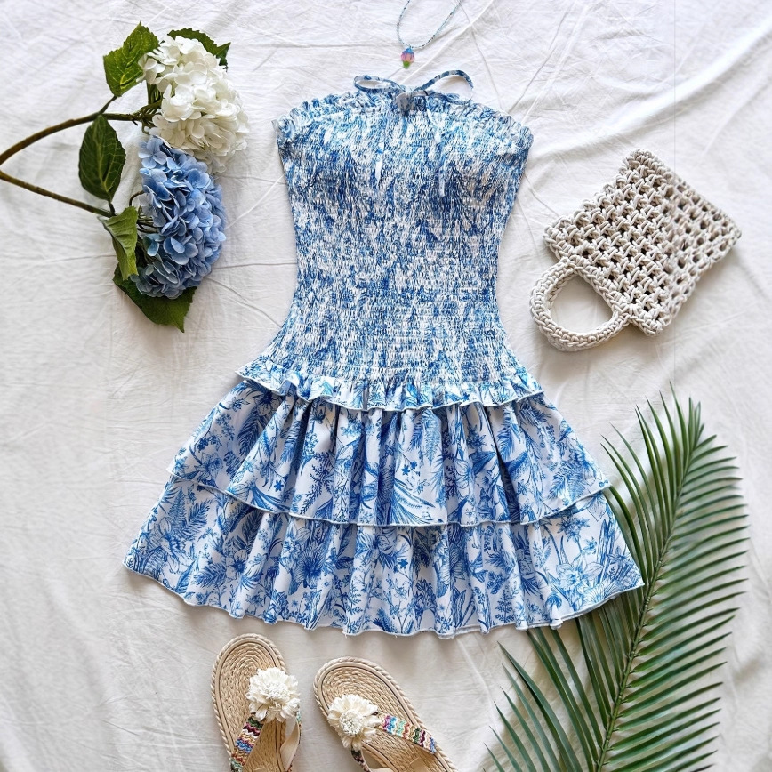 Women's Elegant A-Line Ruffle Floral Print Strapless Dress