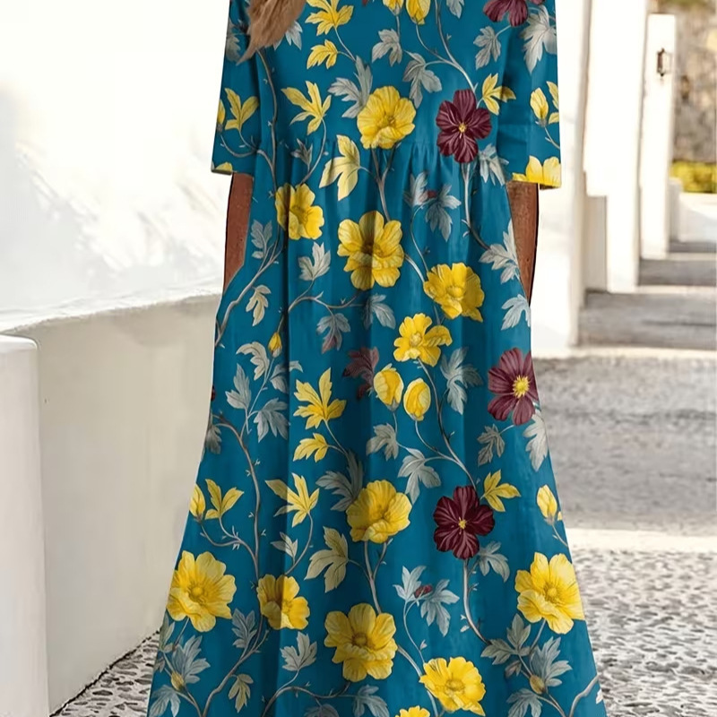 Women's Vintage Floral Print Pleated Midi Dress