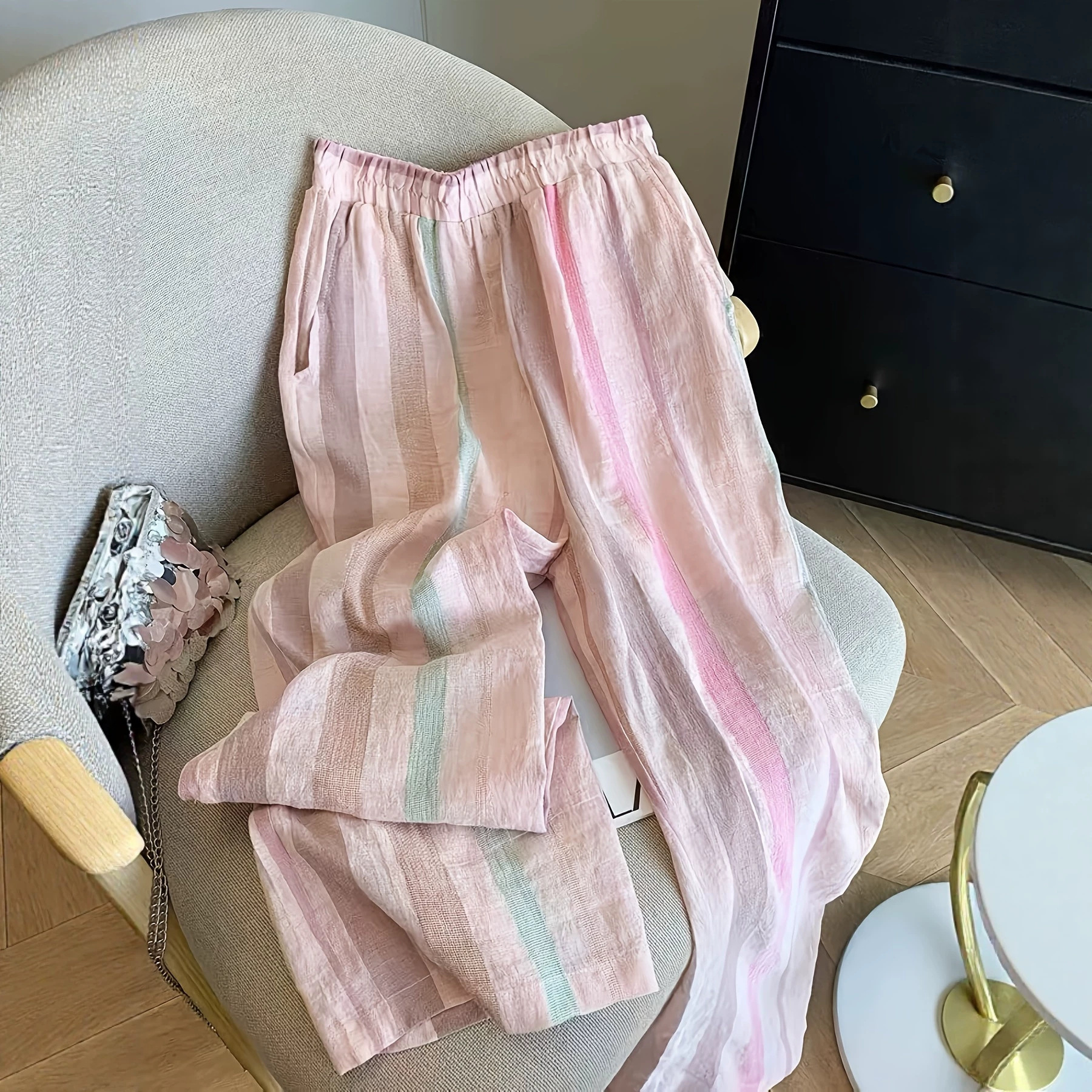 Striped Elastic Waist Wide-Leg Pants Women's Straight-Leg Casual Cotton-Linen Blend Lightweight