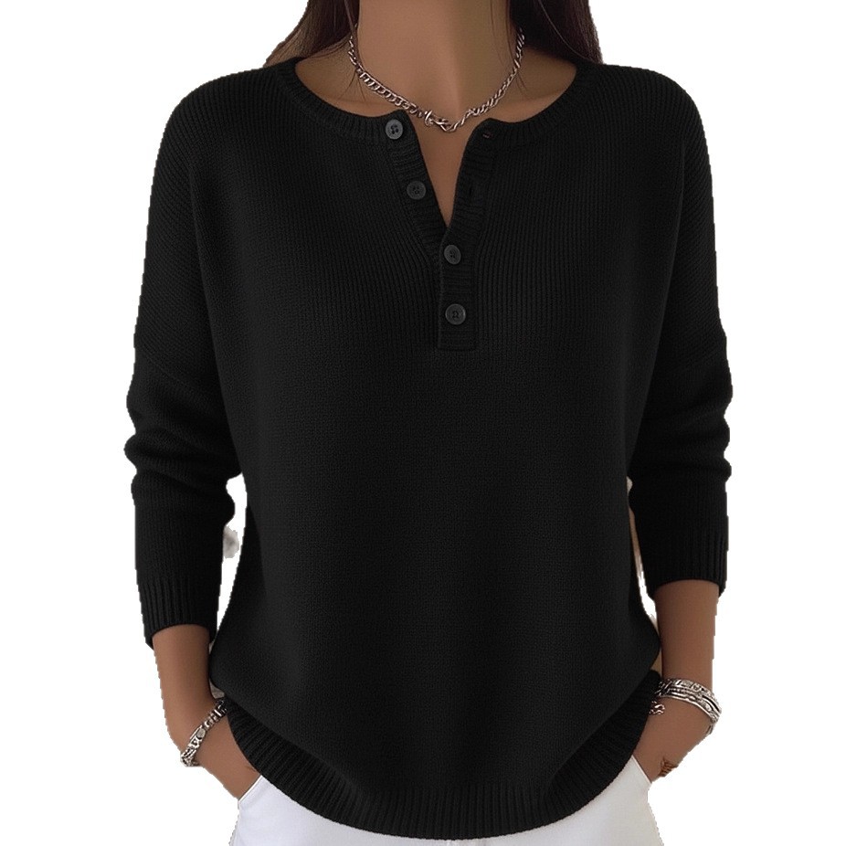Women's V-Neck Button Knit Sweater Solid Color Casual Pullover