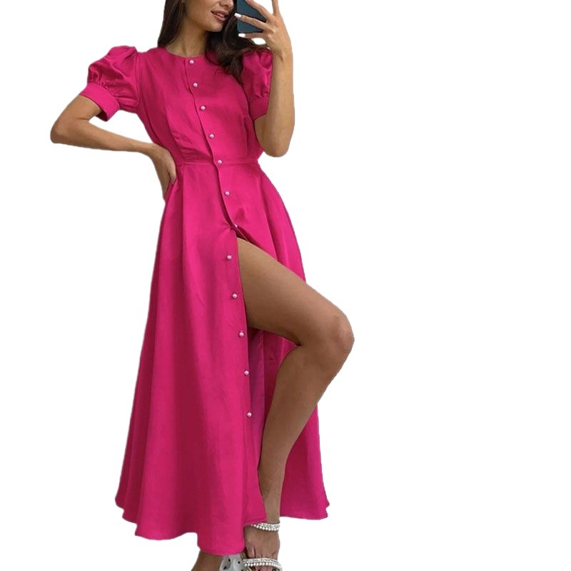 Solid Color High-Waist Button-Front Midi Cardigan Dress