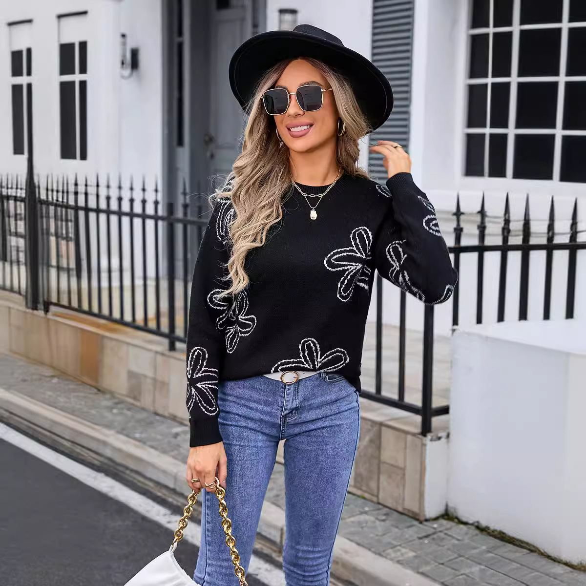 Floral Long-Sleeve Crewneck Knit Sweater