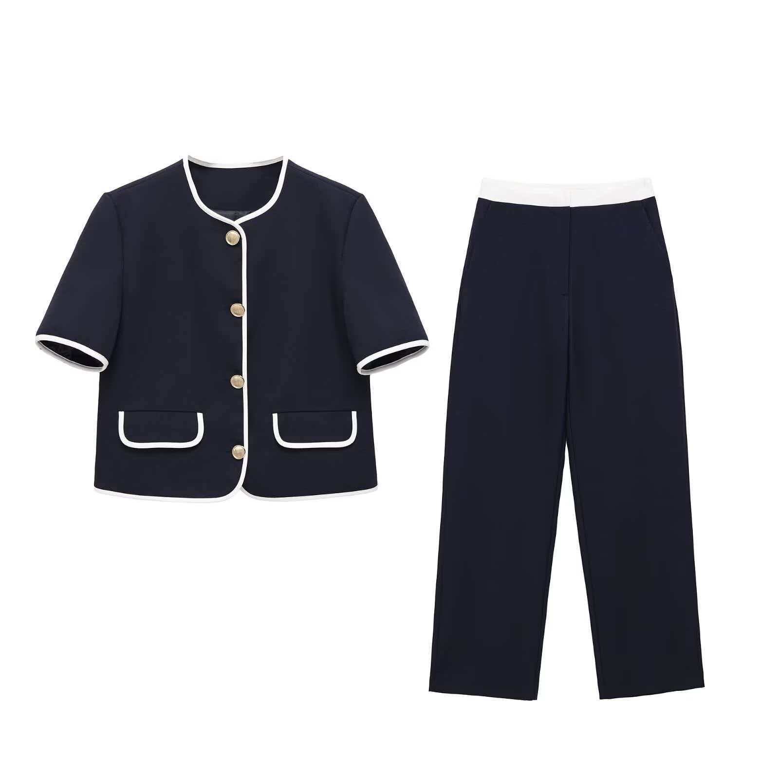 Women's Summer Contrast Trim Cardigan & Straight-Leg Pants Set