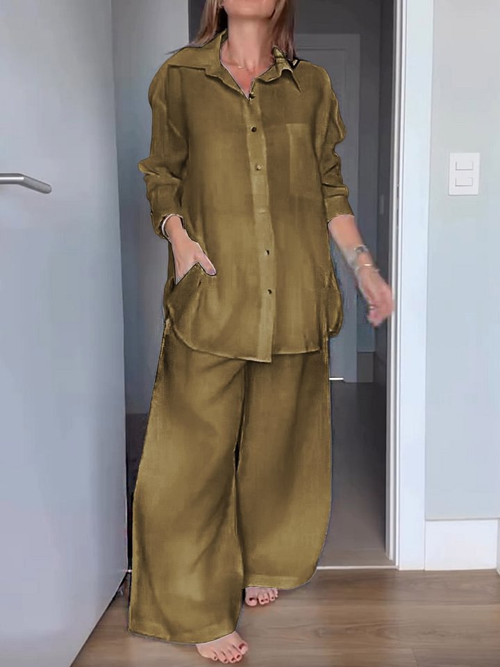 Women's Casual Linen-Blend Shirt and Pants Set with Colorblock Detail