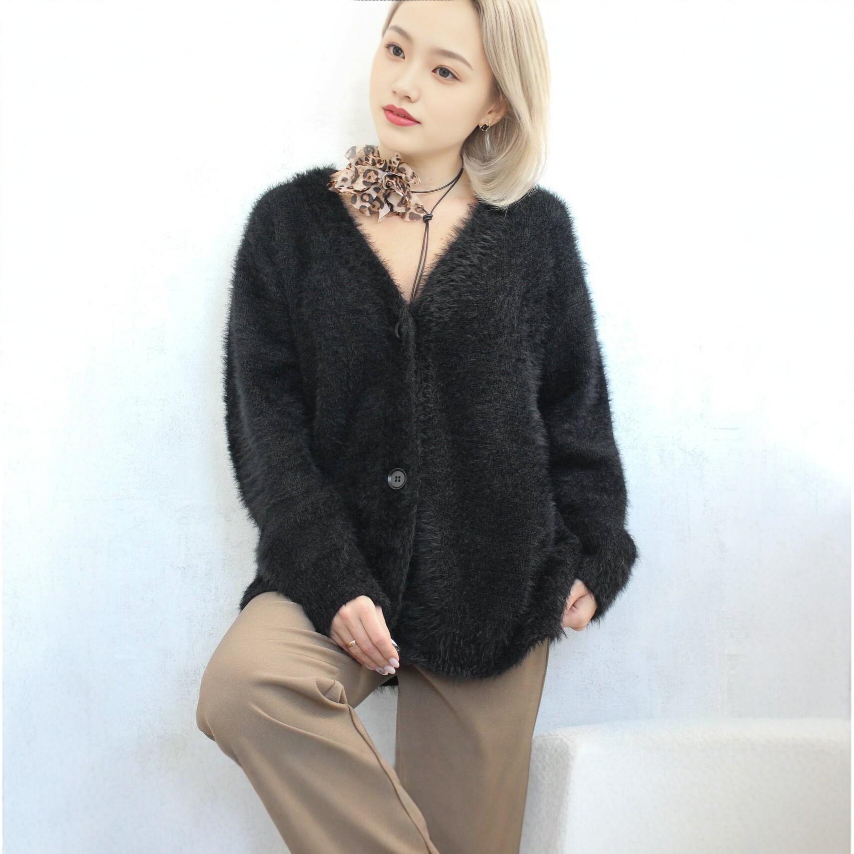 Faux Mink Cardigan Women's Loose Knit Sweater Coat Soft Long Sleeve