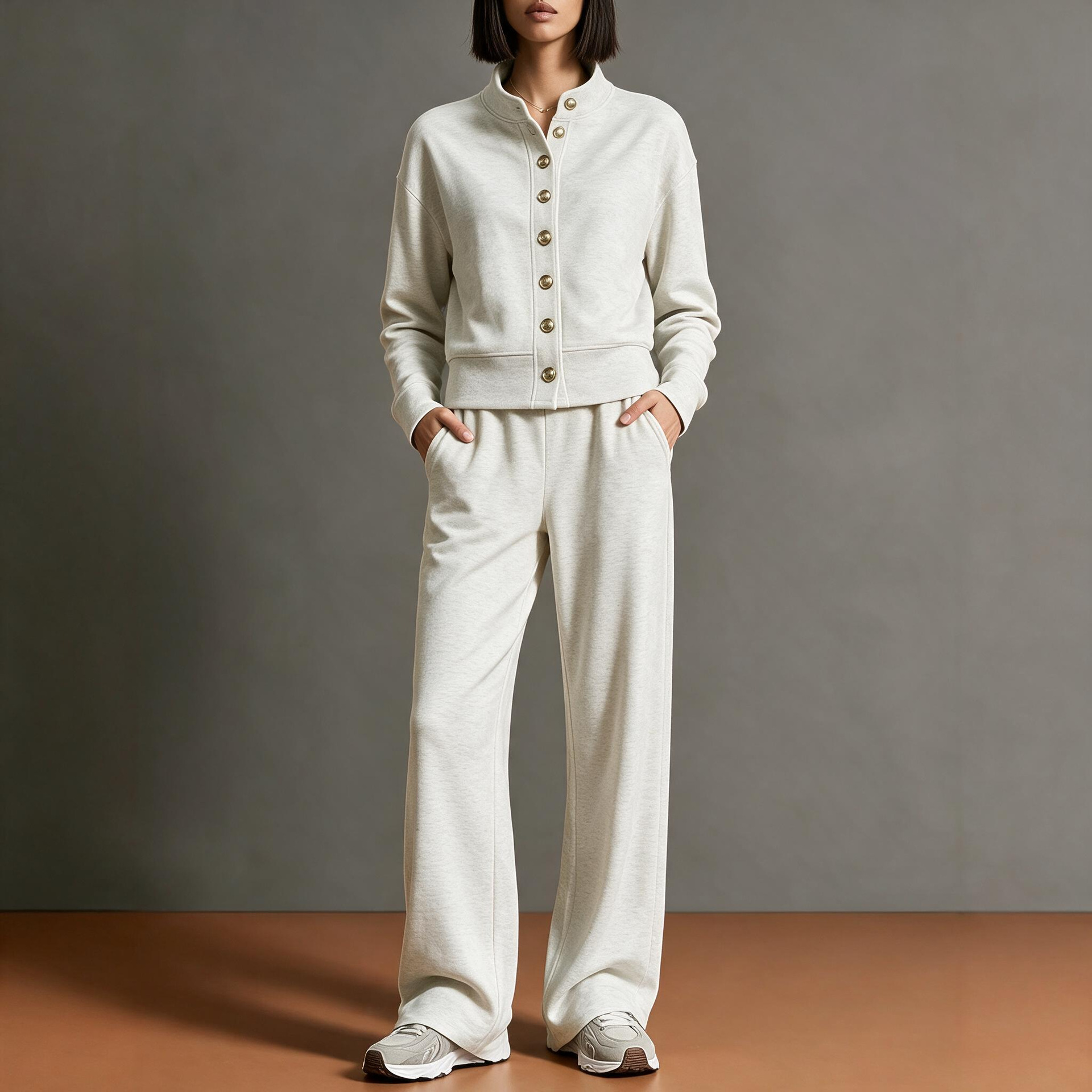 Women's Solid Stand-Collar Cardigan Hoodie & Wide-Leg Pants Set