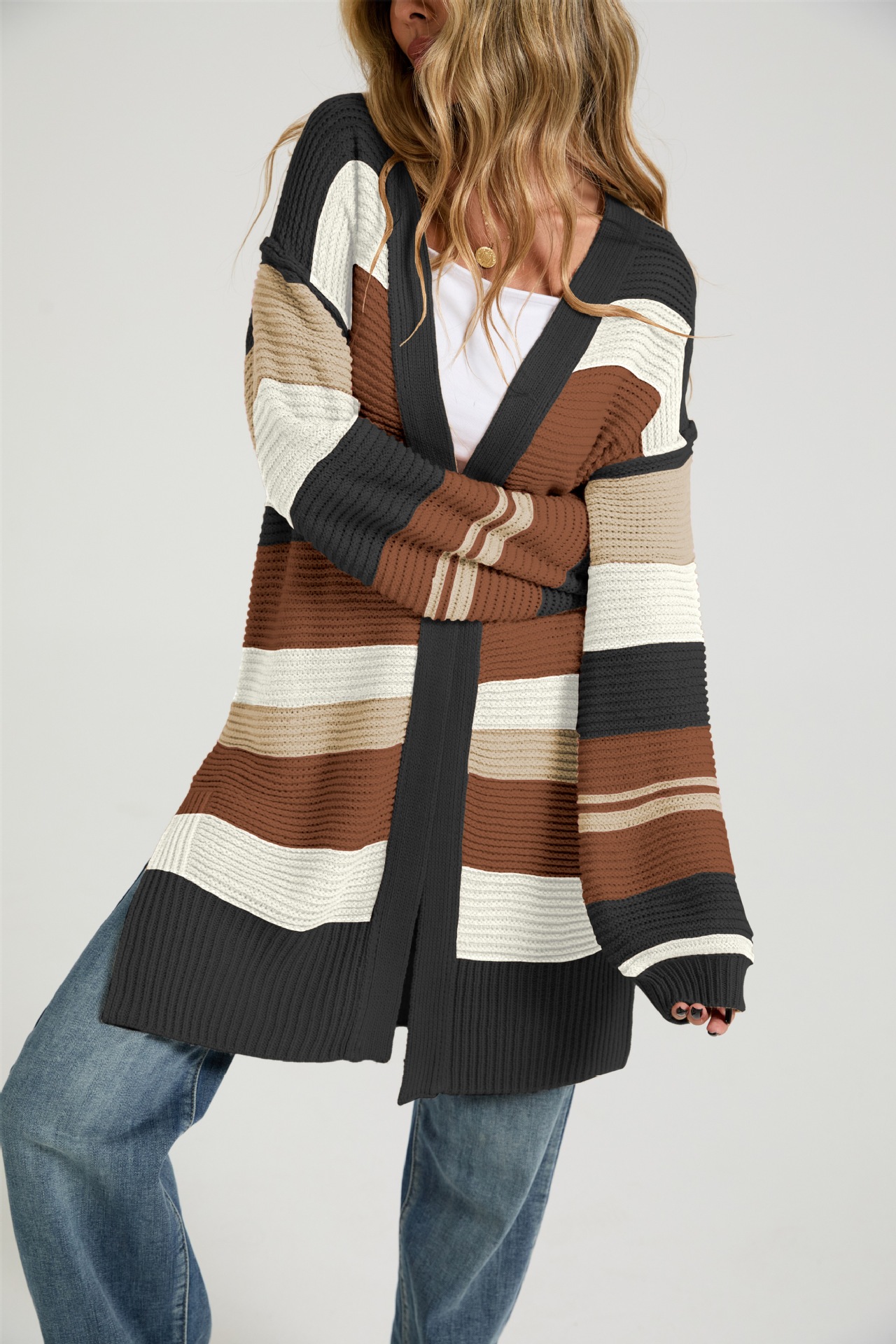 Color-Block Slit Long-Sleeve Cardigan Knit Sweater
