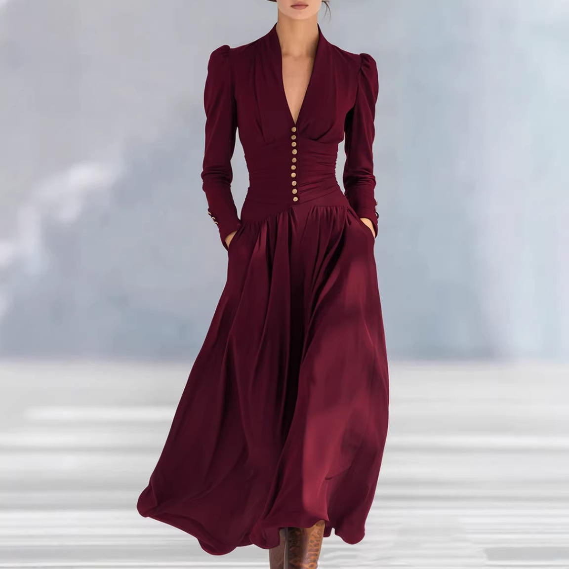 Elegant V-Neck Puff Sleeve Long Sleeve Maxi Dress with Cinched Waist