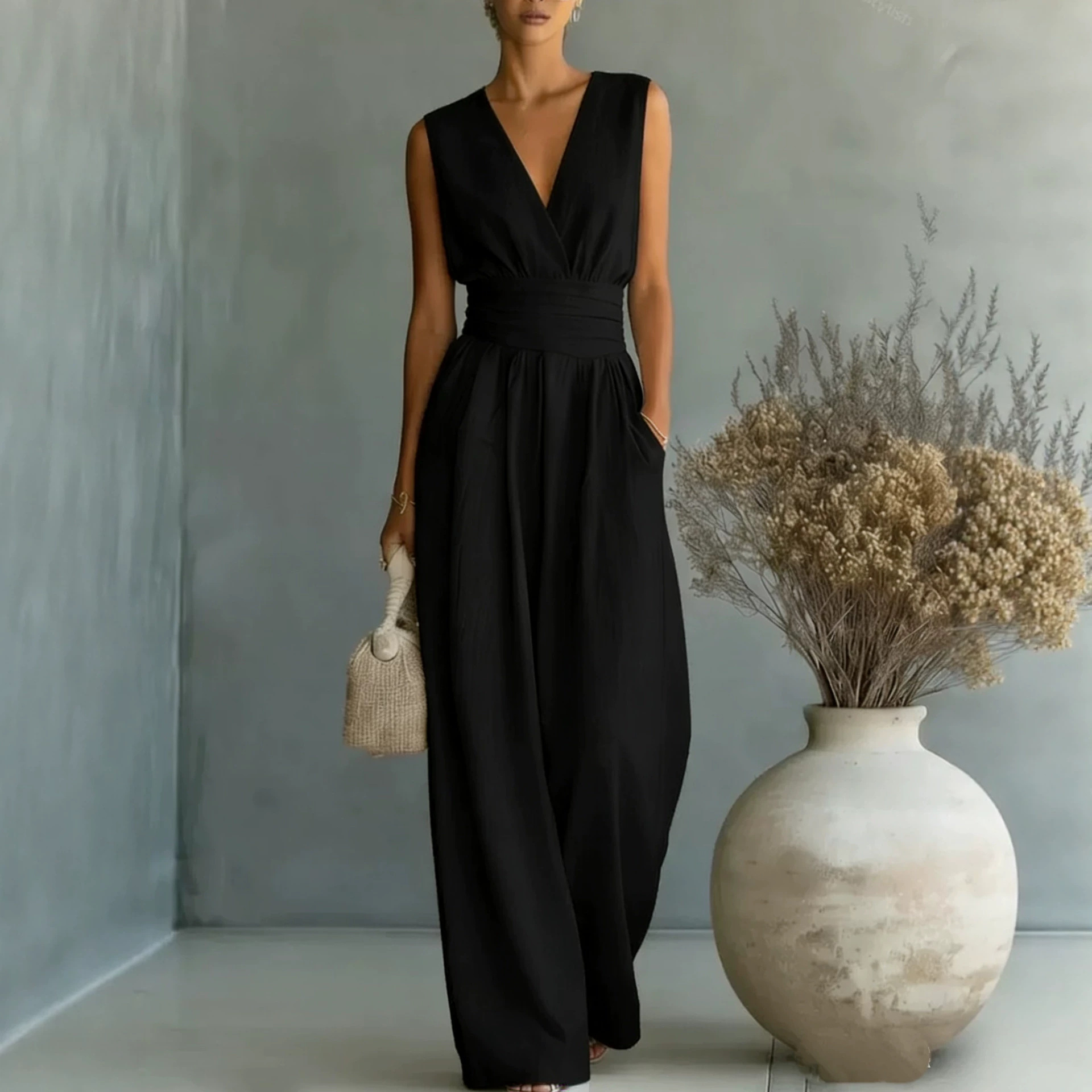 Elegant Sleeveless V-Neck Wide-Leg Jumpsuit with Cinched Waist