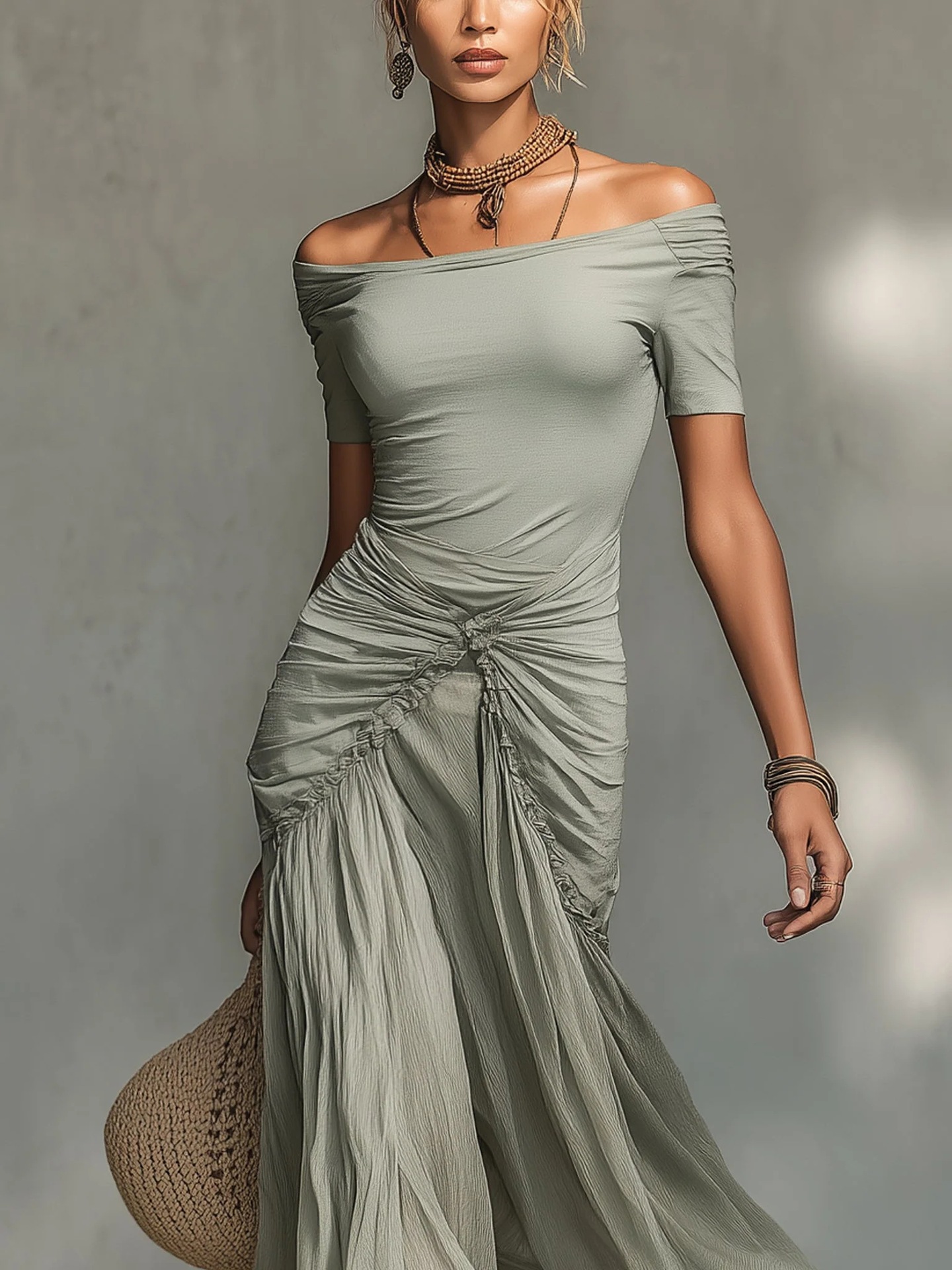 Women's Off-Shoulder Ruched Asymmetric High-Waist Bodycon Dress