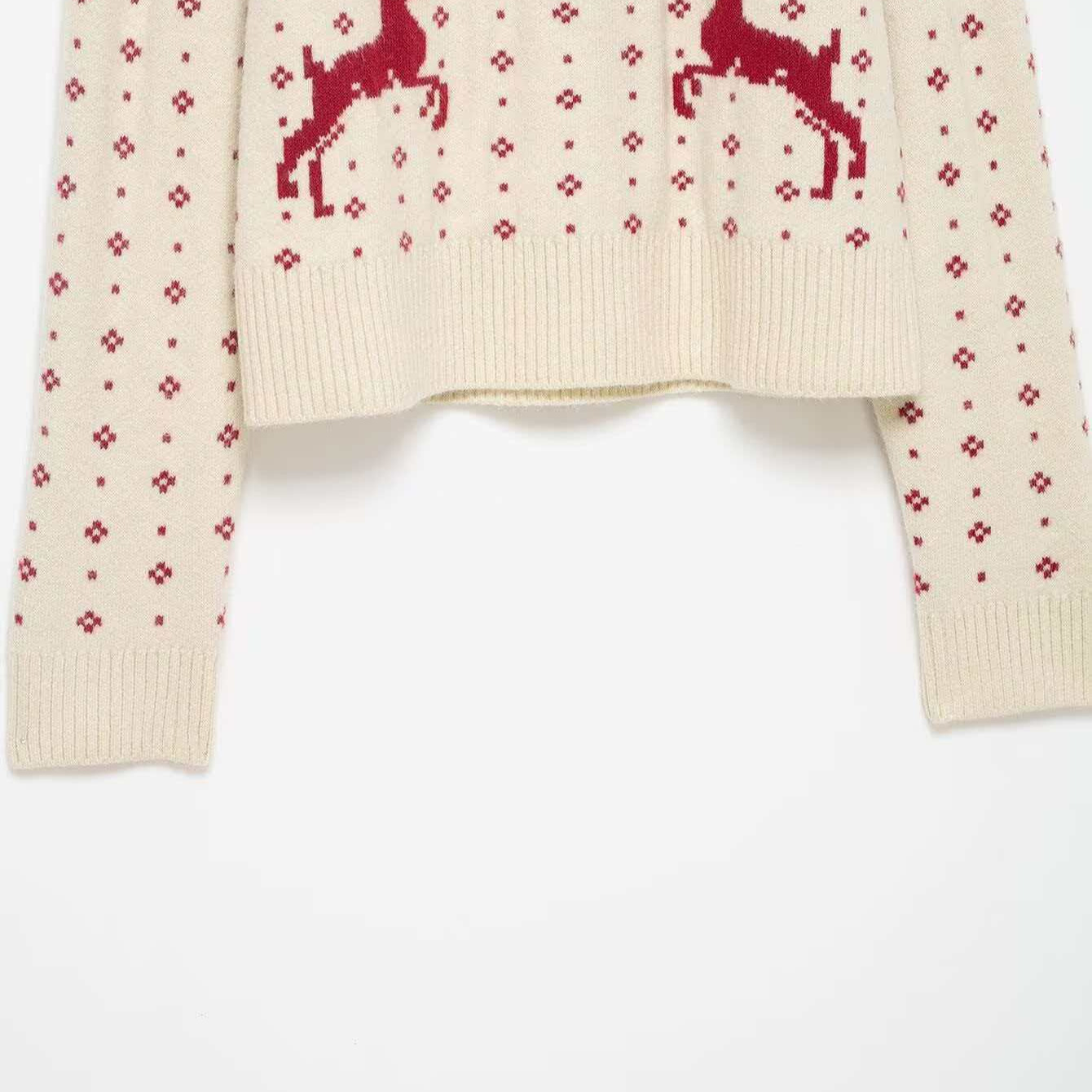 Red Reindeer Snowflake Jacquard Mock Neck Knit Sweater