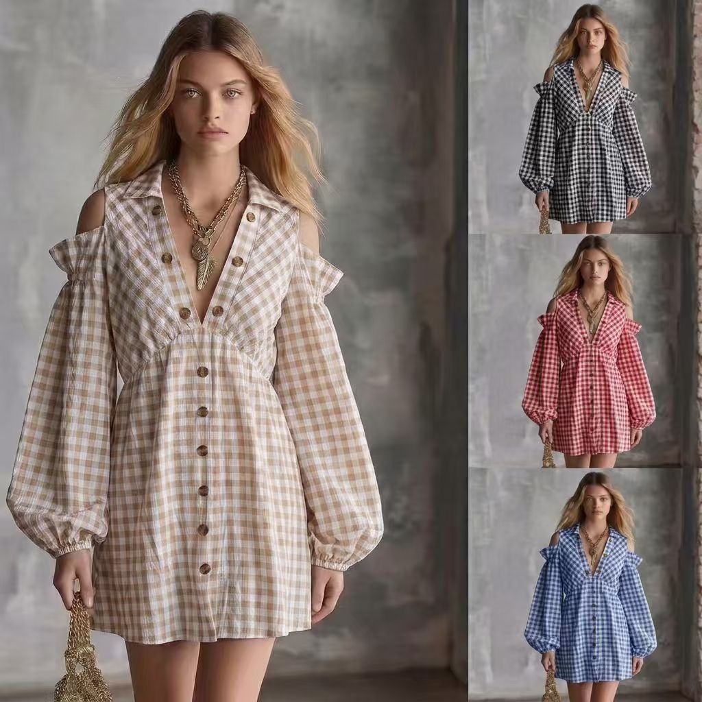 Retro Plaid Off-Shoulder Lantern Sleeve Midi Dress with Elastic Waist