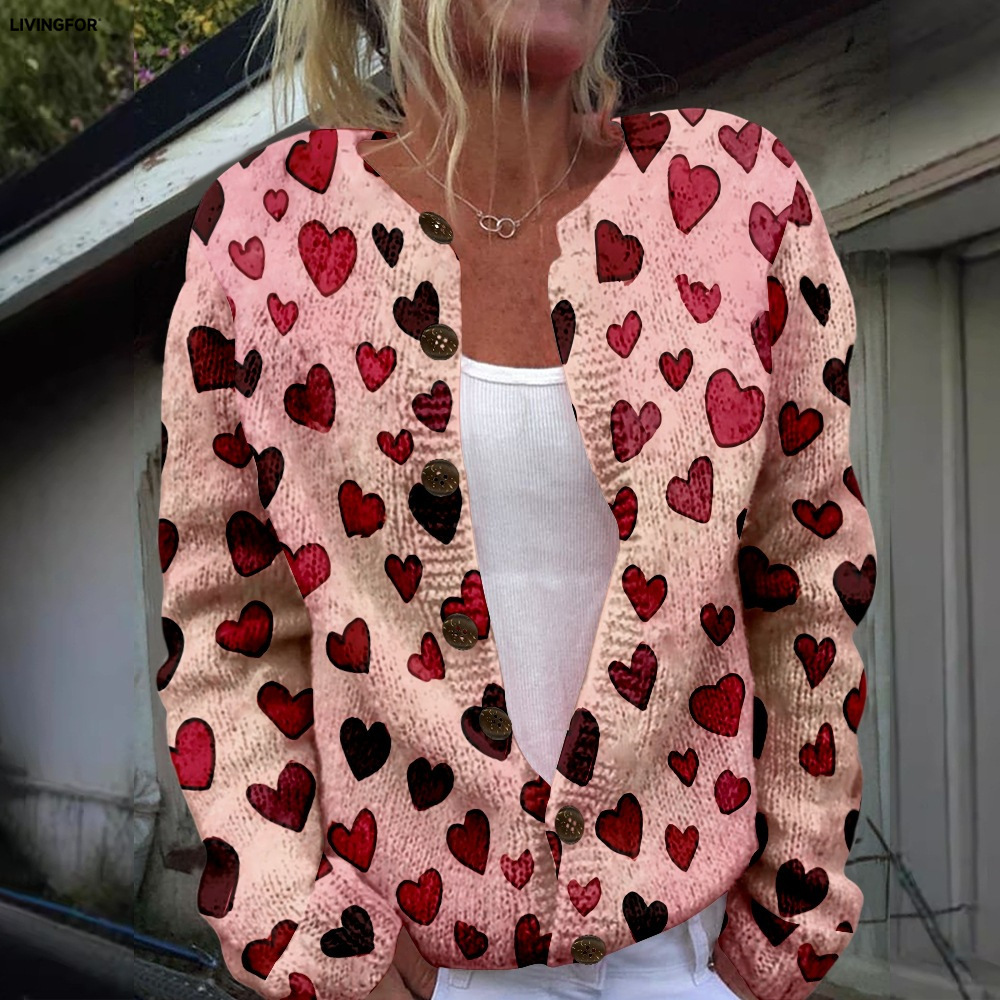 Women's Heart & Flower Print Button Cardigan Sweater