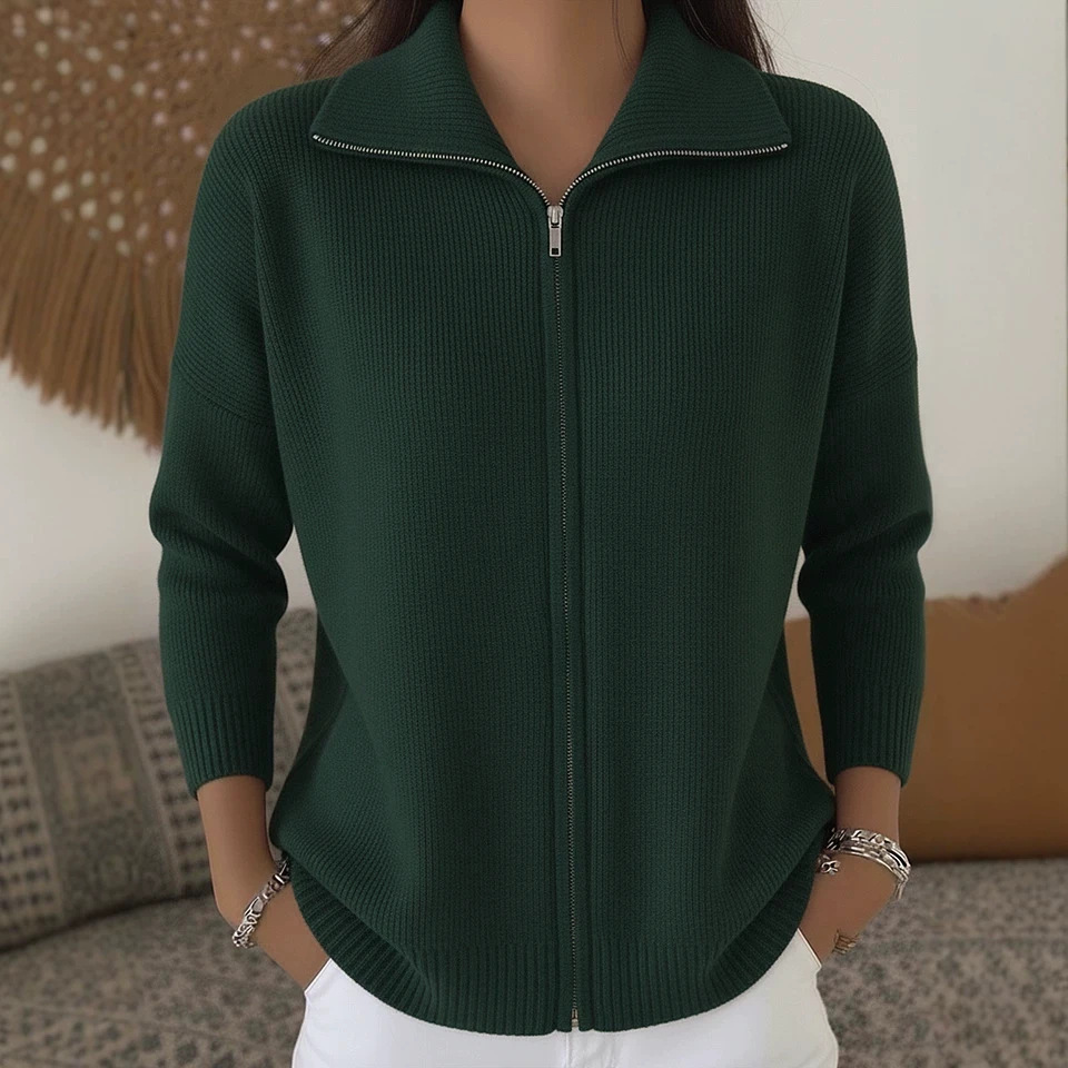 Women's Zip-Up Knit Cardigan Sweater with Collar, Solid Color Casual