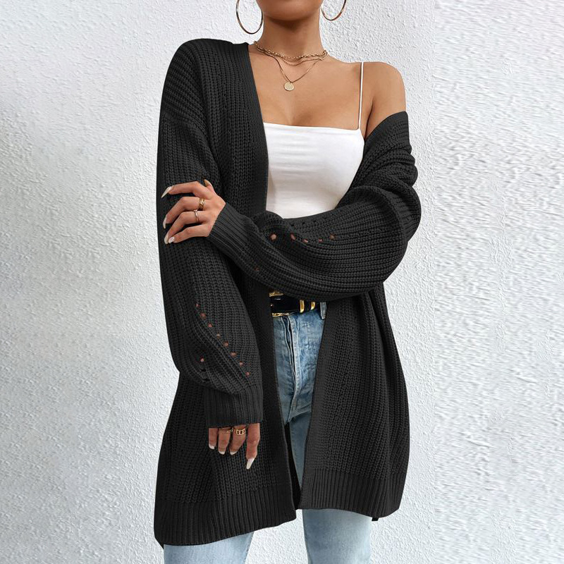 Women's Mid-Length Knit Cardigan Lightweight Open Front Long Sleeve Solid Color