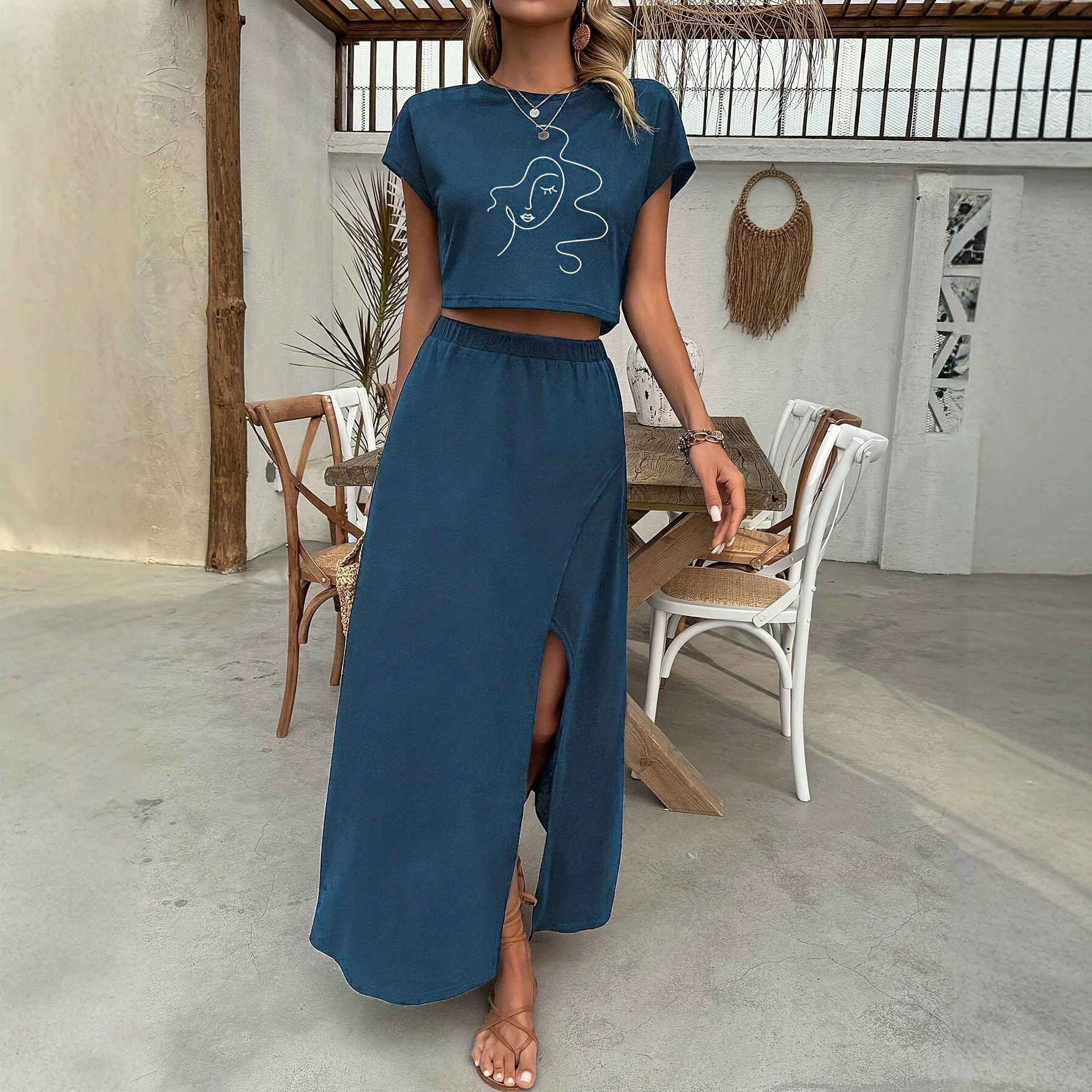 Women's Soft Casual Split Two-Piece Top and Midi Skirt Set