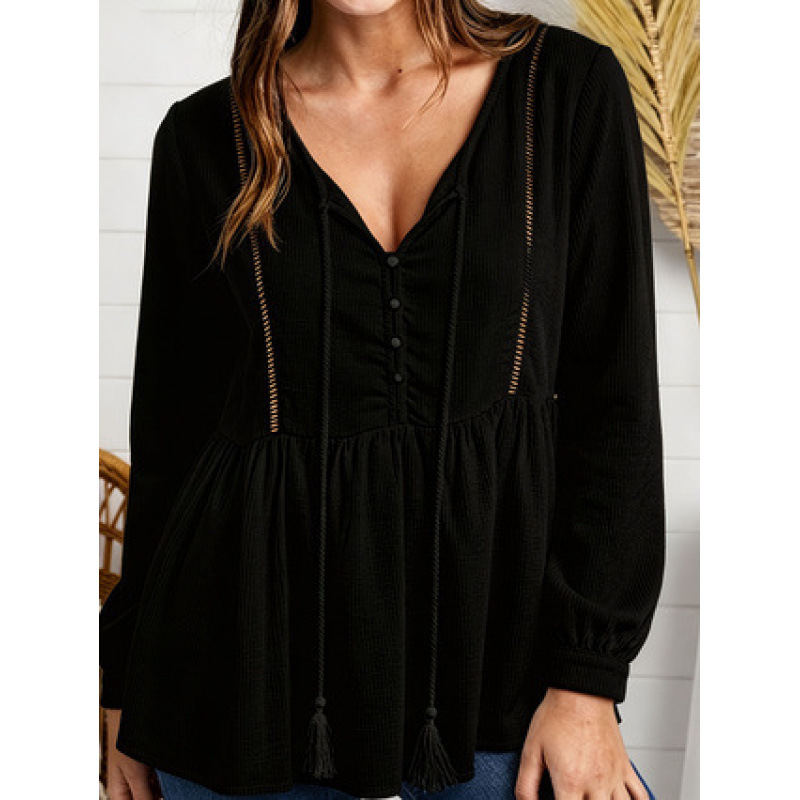 Women's V-Neck Lace Trim Long Sleeve Sweatshirt