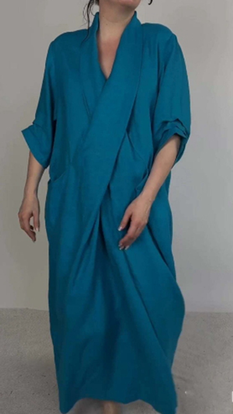 Women's V-Neck Split Hem Casual Dress Solid Color Loose Fit Long Dress