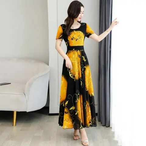 Women's Short Sleeve Round Neck Floral Print A-Line Midi Dress with Waist