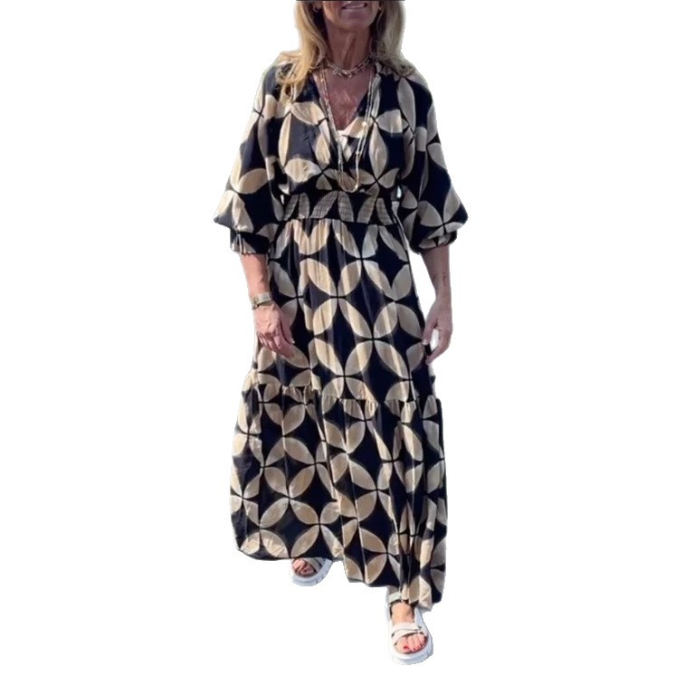 Women's Loose V-Neck Coin Print Maxi Dress