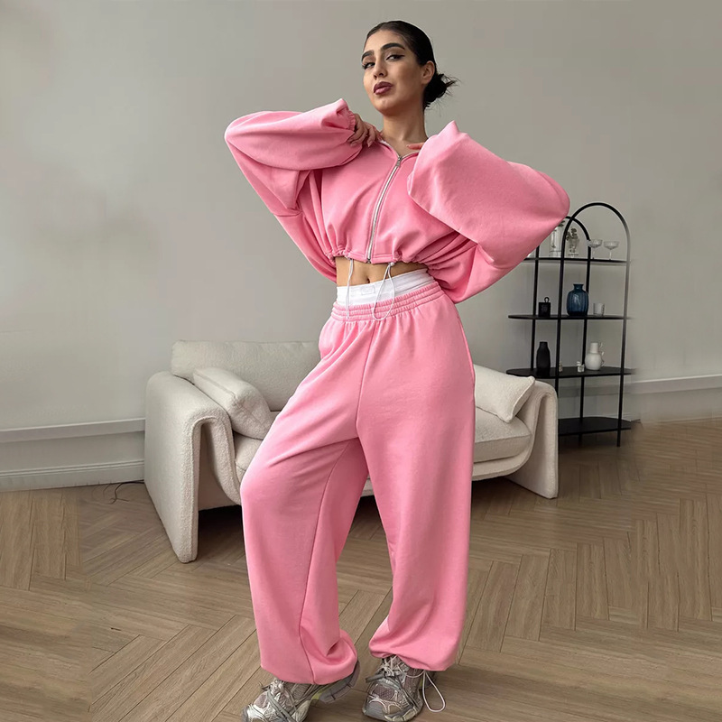 Women's Solid Color Zip-Up Hoodie and Drawstring Jogger Two-Piece Set