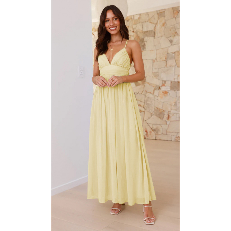 Women's Sleeveless V-Neck Open-Back Tie-Waist Chiffon Maxi Dress