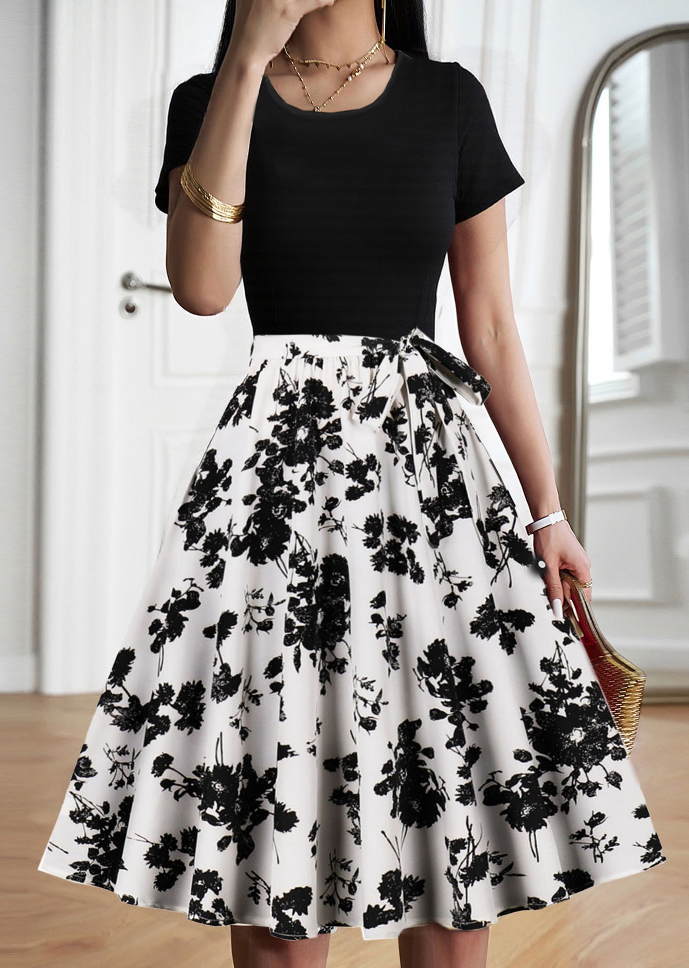 Women's Vintage Patchwork Midi Dress with Belt