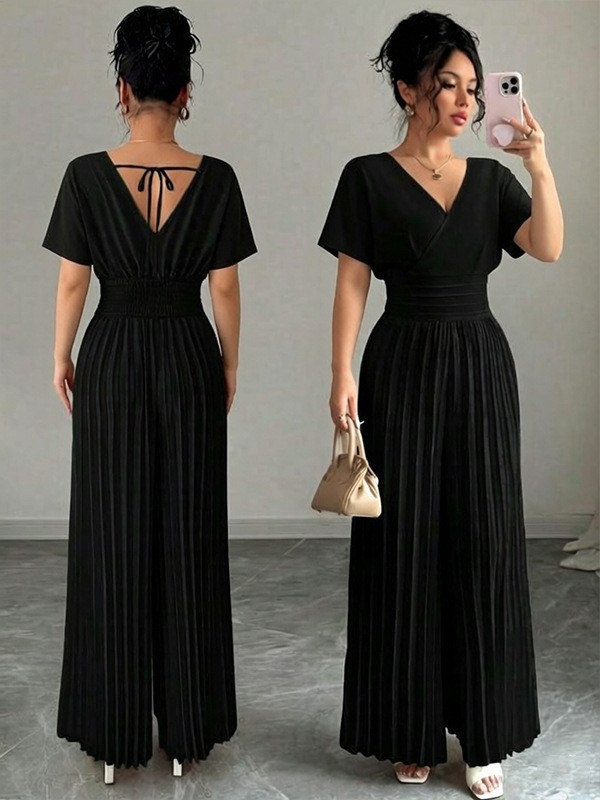 Elegant Solid V-Neck Pleated Waist-Defining Wide-Leg Jumpsuit