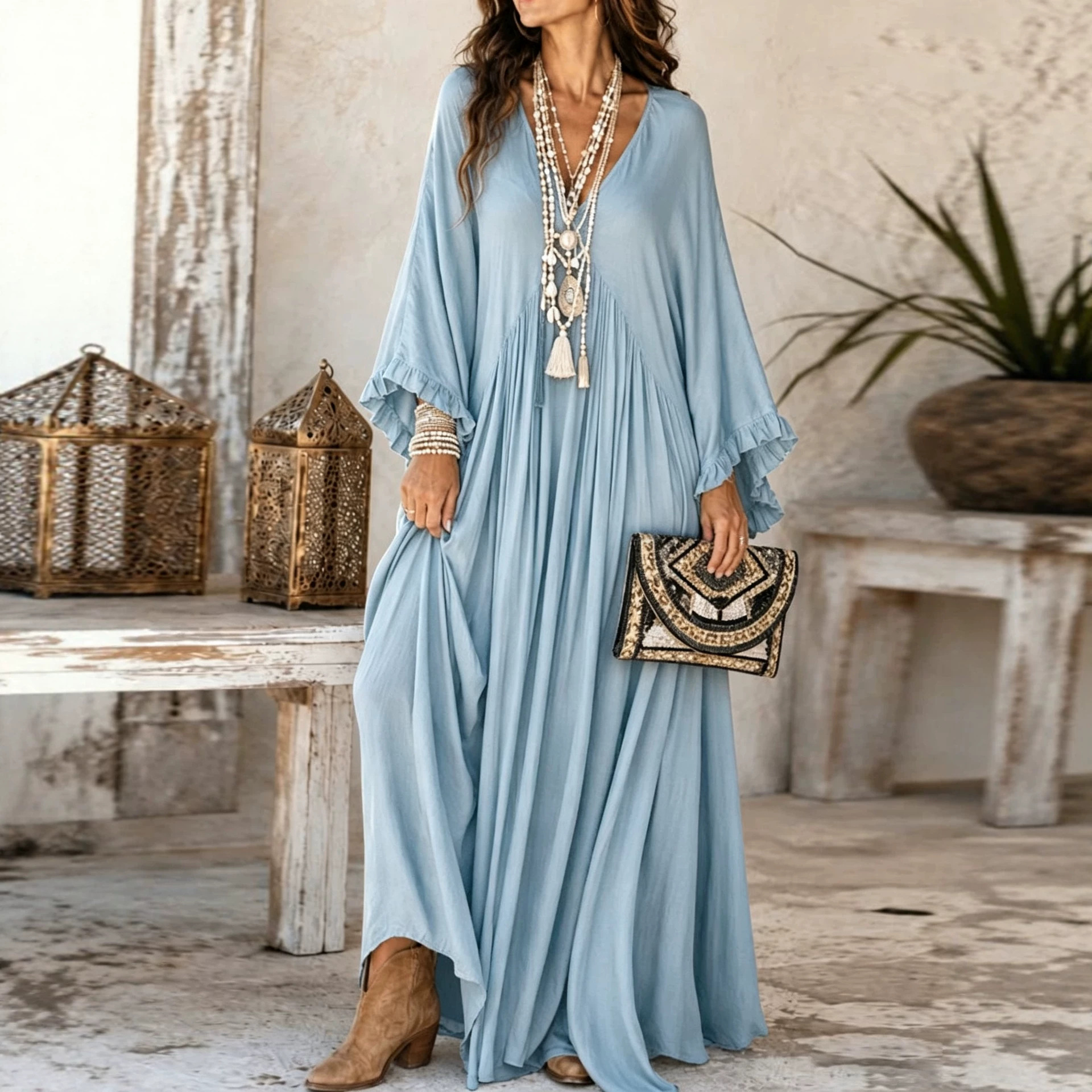 Women's Elegant V-Neck Ruffle Long Sleeve Loose Plus Size Casual Vacation Dress