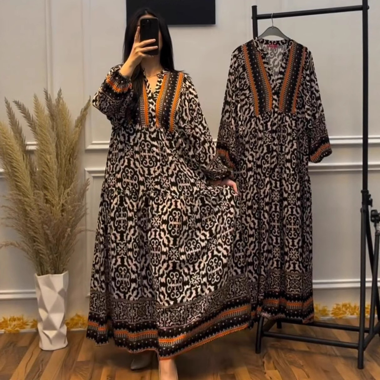 Plus Size V-Neck Floral Long Sleeve A-Line Maxi Dress
