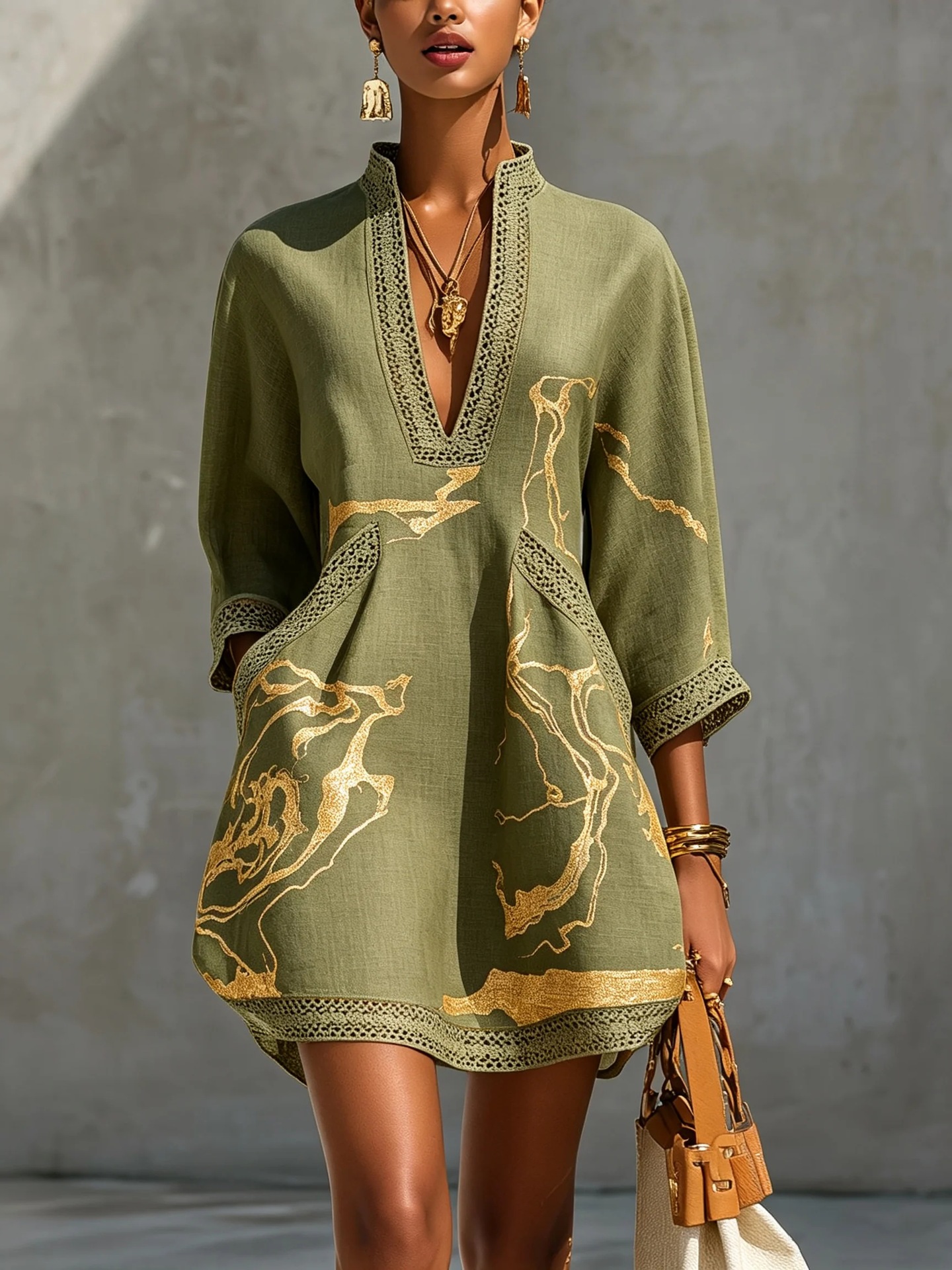 Navy Abstract Print V-Neck Lace-Trimmed Loose Short Dress
