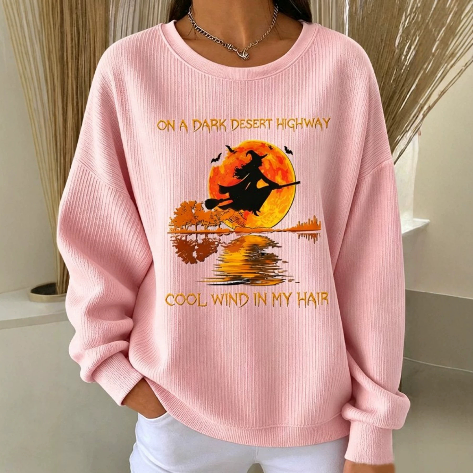 Halloween Witch Broom Print Crewneck Long-Sleeve Pullover Sweatshirt