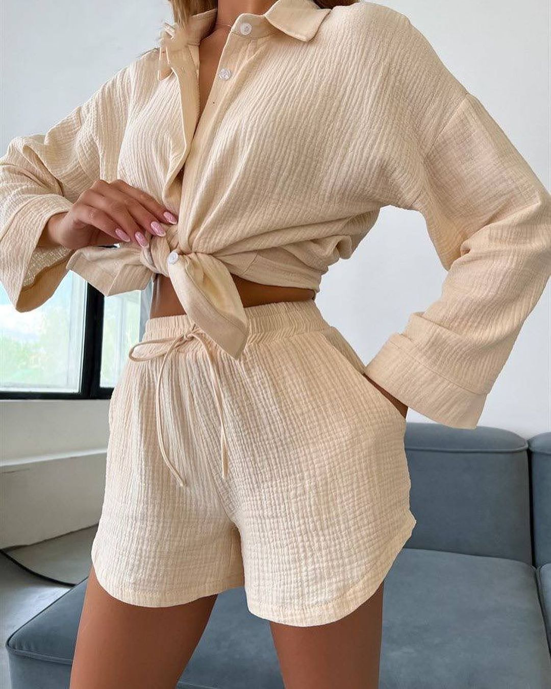 Women's Long Sleeve Button-Down Shirt and Shorts Set