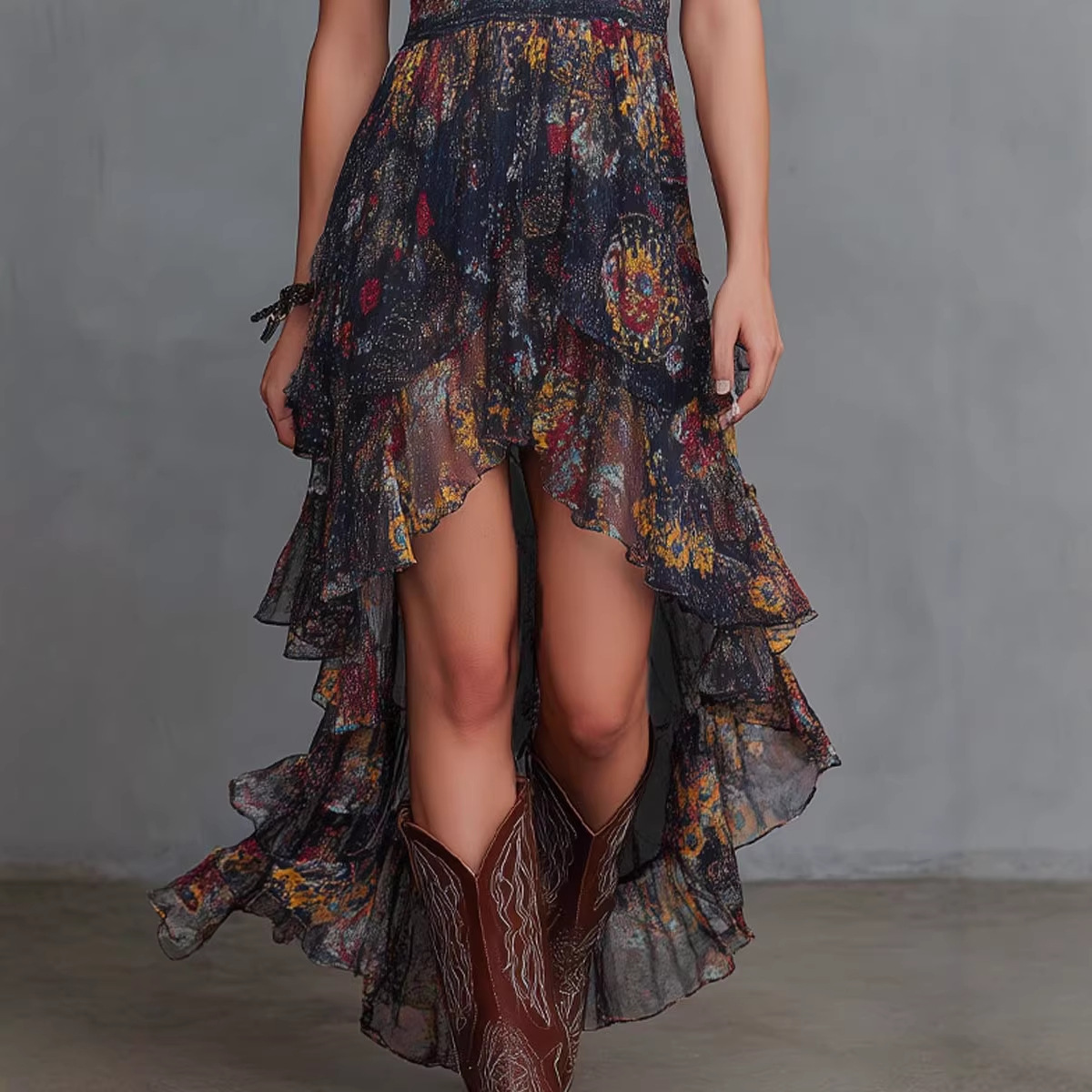 V-Neck Printed Asymmetrical Ruffle Midi Dress