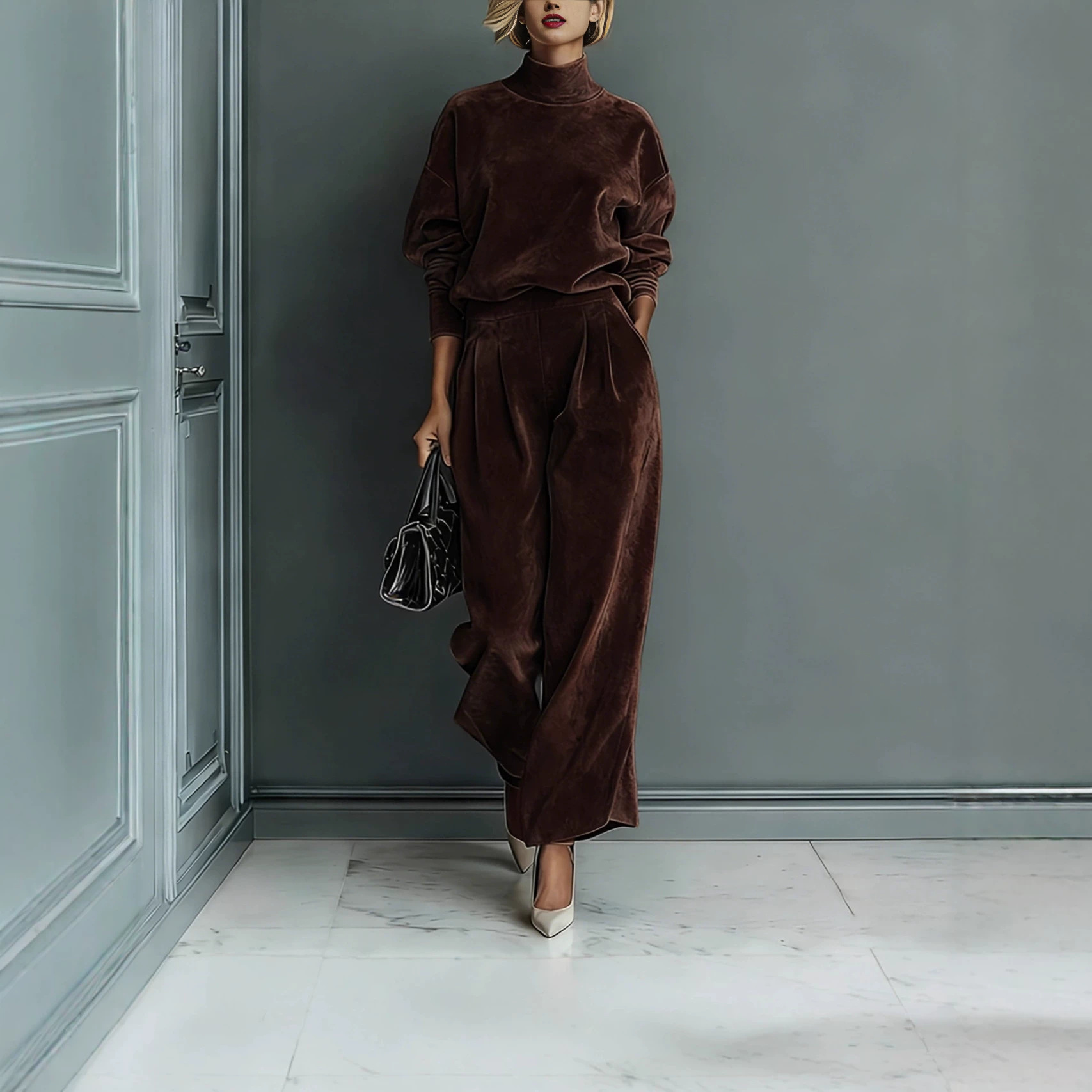 Women's Velvet Two-Piece Lounge Set – Long Sleeve Turtleneck & Wide-Leg Pants